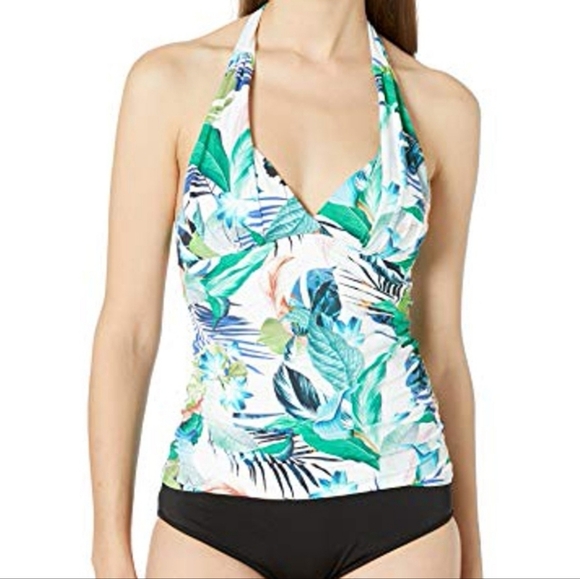 La Blanca V Neck Halter Tankini Top, The Monument, White Multicolor, size 2 - Picture 3 of 9